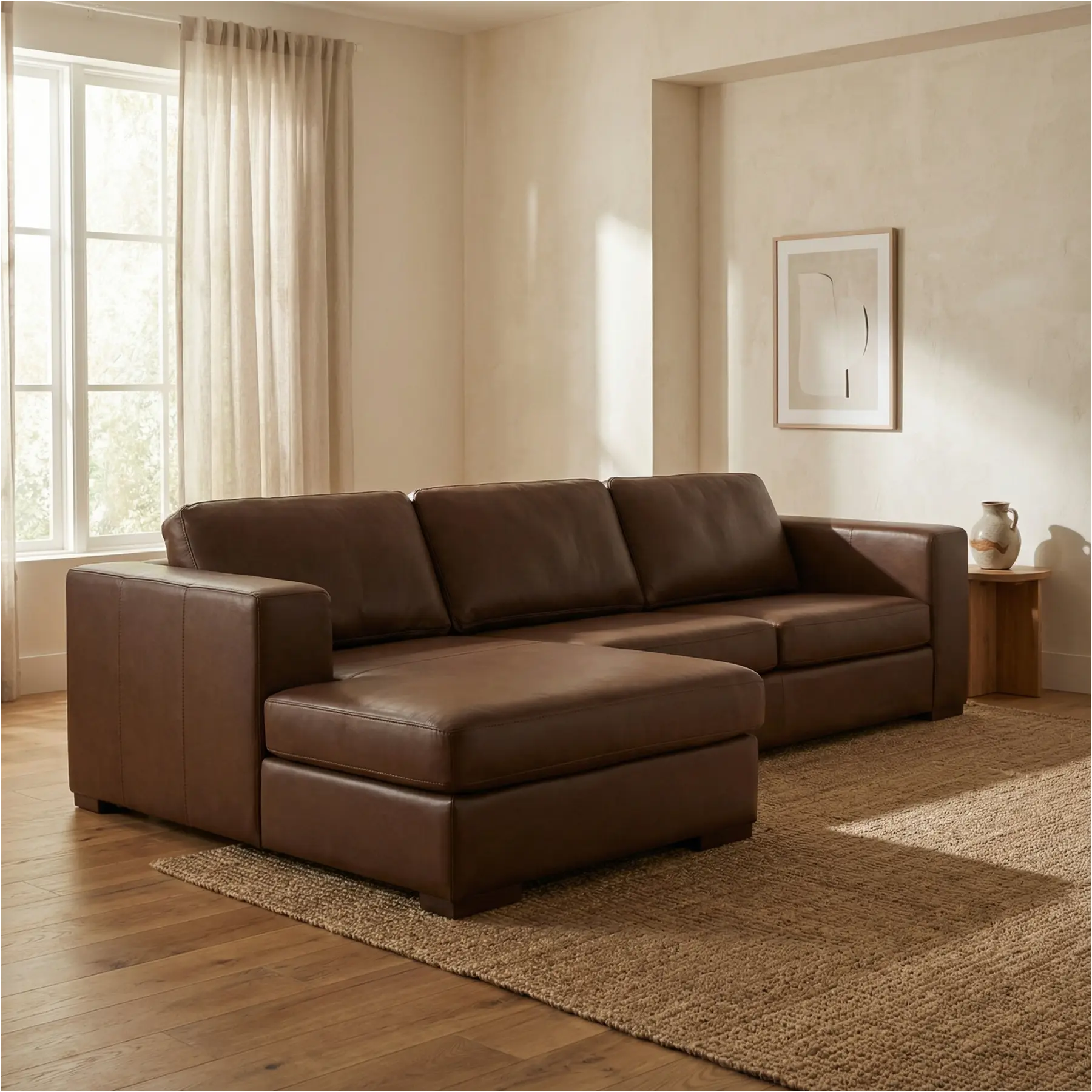 afbeelding van Leren hoekbank Flow - 2 zits arm links + longchair rechts - Elegance Brown (bruin) - Poten hout zwart